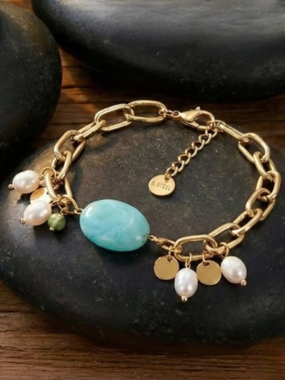 18k Gold Plated 316L SS Blue Jade and Freshwater Pearl Stackable Bracelet Set